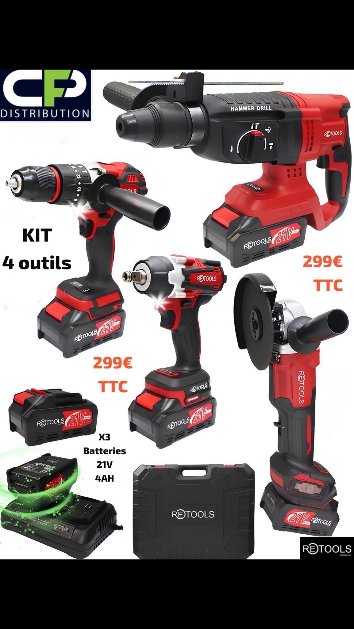 Kit 4 outils électroportatif RETOOLS 21V 4Ah